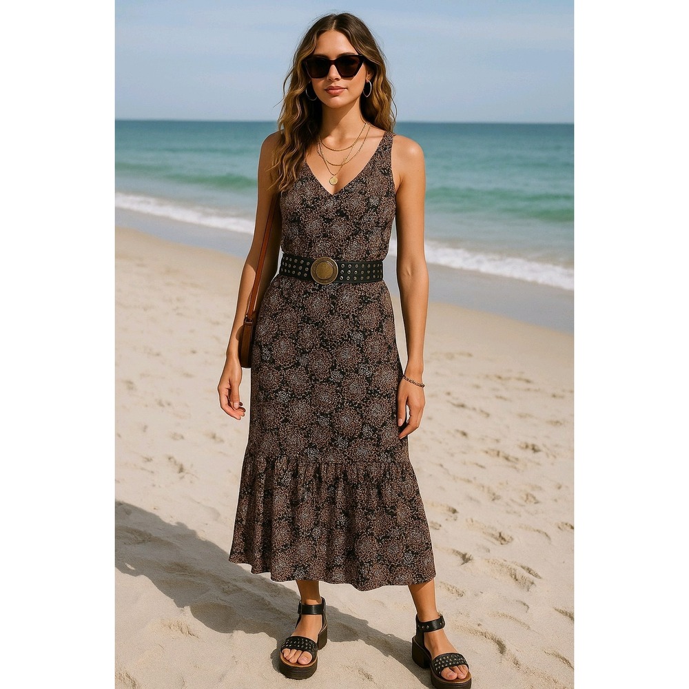 Sandra Darren Brown Floral Maxi Dress Size 16 Boho Y2K Beach Resort Vacation